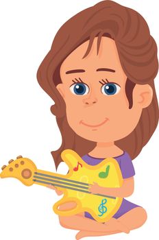 Girl playing on child guitar. Cartoon kid musician