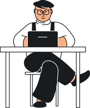 Man sitting at desk and working on laptop. Freelancer character