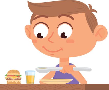 Smiling boy eating dinner at table. Child nutrition
