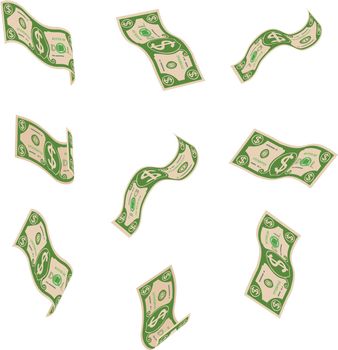 Money bills. Green flying paper cash rain