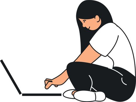 Woman sitting on floor with laptop. Casual gadget using