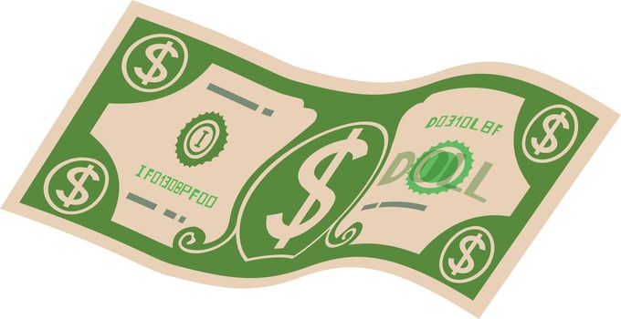 Green banknote flying. Cartoon money bill icon