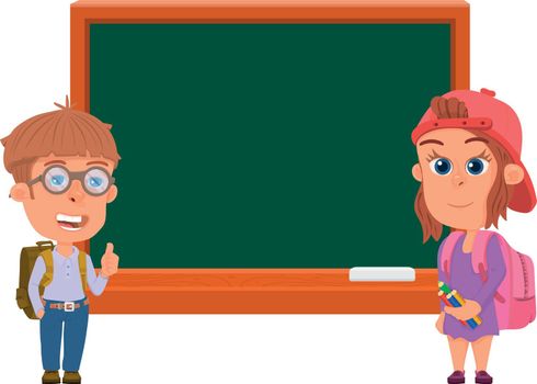 Kids standing beside blackboard. Cartoon characters in school classroom