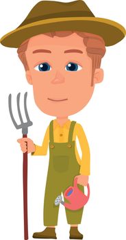 Farmer boy with pitchfork. Cute village kid character