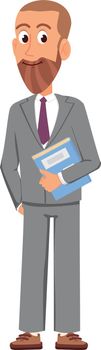 Bearded man in suit with book. Business coach character