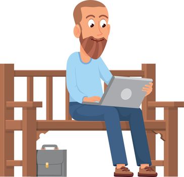 Man working on laptop outdoor. Guy sitting on park bench