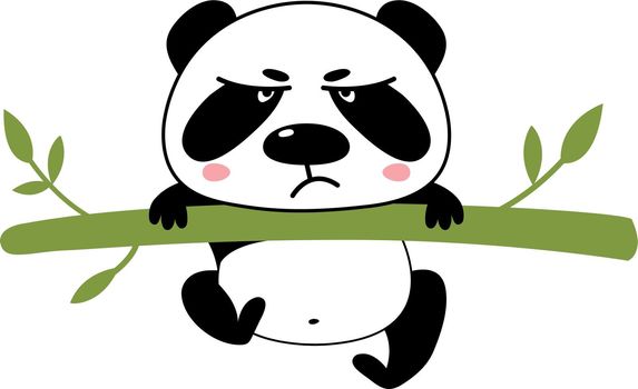 Grumpy panda on green tree branch. Cute baby animal