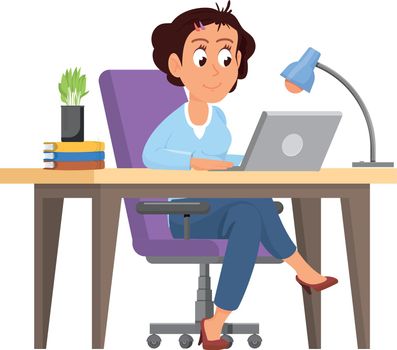 Woman sitting at office workplace and working at laptop. Cartoon freelancer