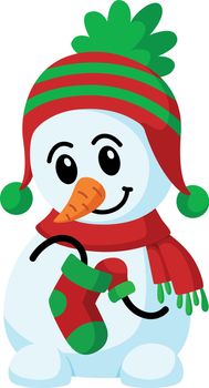 Cute snowman with christmas gift sock. Happy cartoon character