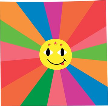 Psychedelic colorful burst with yellow smile. Funny sticker