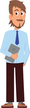 Man in formal clothes holding tablet. Office worker character