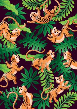 Jungle with tigers background. Decorative green leaves card