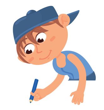 Funny boy drawing with blue pencil. Creative kid character