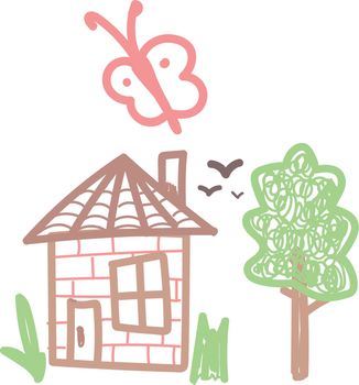 Childish crayon drawing. House with tree in summer