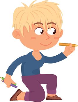Funny kid drawing with color pencils. Creative boy character