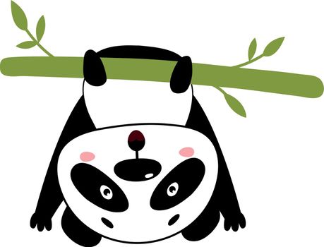 Funny panda hanging upside down from tree branch