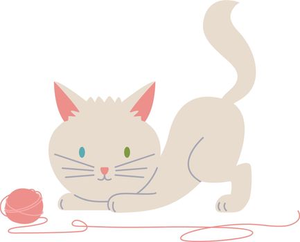 Kitten play with yarn ball. Cute white cat
