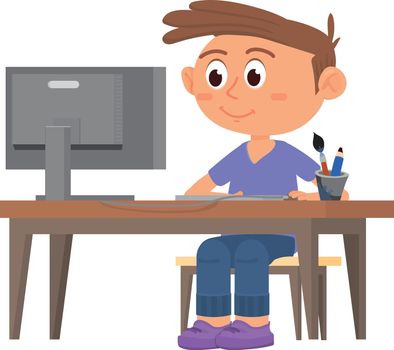Kid sitting at computer desk. Smiling boy character