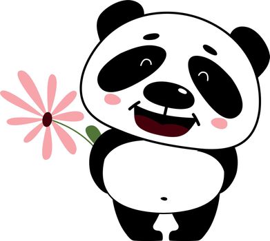 Romantic baby panda. Shy animal with cute flower