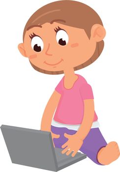 Kid working on laptop. Cartoon child with gadget