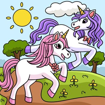 Unicorn With A Friend Colored Cartoon Illustration