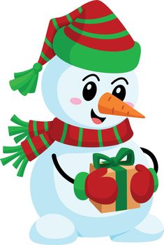 Funny snowman with gift box. Cartoon christmas celebration