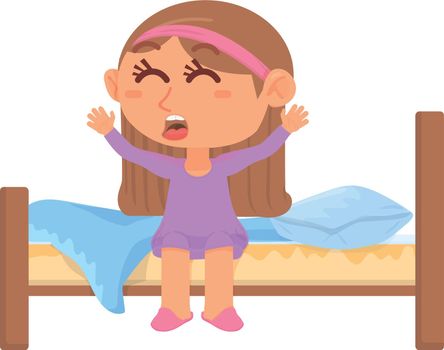 Girl waking up. Cartoon kid in bed on morning