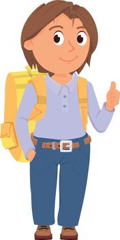 School boy with backpack. Cartoon smiling kid