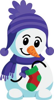 Cute snowman with sock. Smiling winter holidays mascot