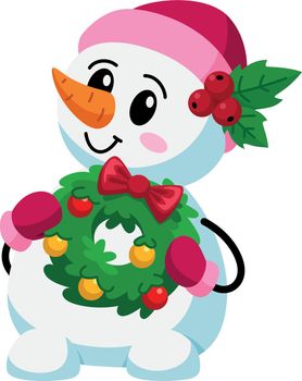 Cute snowman holding christmas wreath. Winter holiday mascot