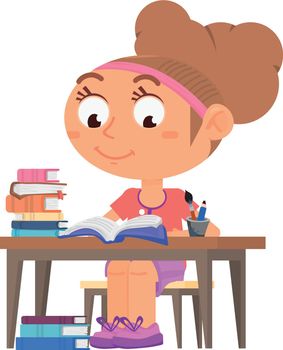 Kid studying. Girl sitting at desk with book stack