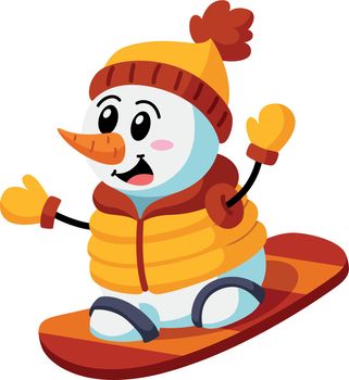Cute cartoon snowman on snowboard. Winter outdoor fun