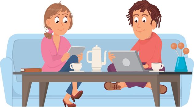 Couple drink coffee together and watching laptop. Man and woman sit on sofa