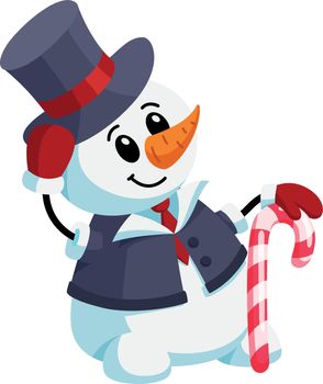 Snowman in gentleman costume with sugar cane. Cartoon character