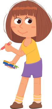 Creative kid character. Cute girl with color pencils