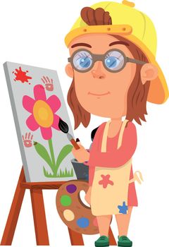 Kid artist character. Girl painting picture on canvas