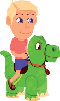 Boy riding dinosaur toy. Funny kid game
