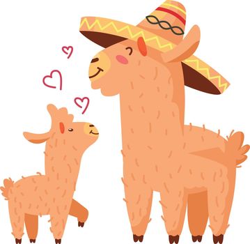 Happy llama family. Parent and baby animals love