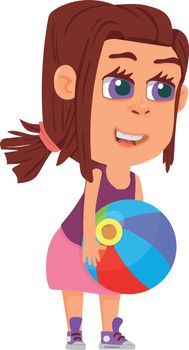 Girl playing with beach ball. Funny kid character