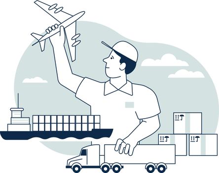Cargo transportation concept. Marine shipping with freight plane and trucks
