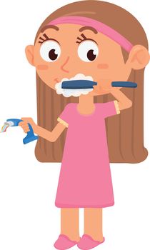 Girl washing teeth. Cartoon kid dental hygiene