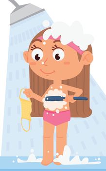 Girl washing in shower. Kid hygiene. Smiling child