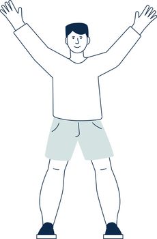 Smiling man with raised arms. Happy greeting gesture