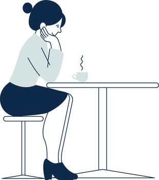 Woman sitting at table with hot cup. Coffee break. Person in cafe