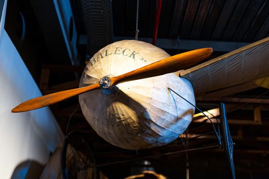 Details of a rare aircraft with a wooden propeller