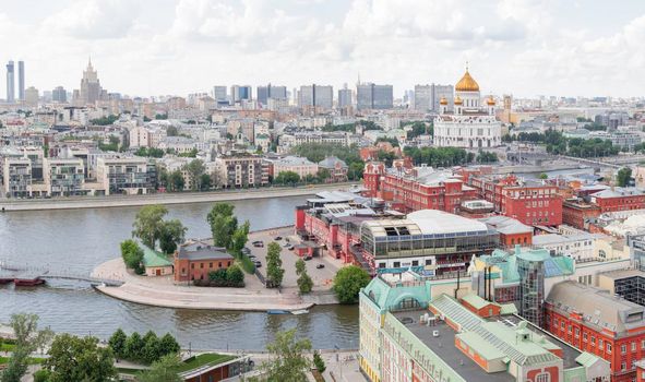 MOSCOW, RUSSIA - June 14, 2021. Panorama of Moscow historic center - Cathedral of Christ the Savior, Bolotnaya embankment, Red October factory.