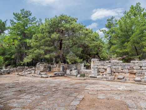 Agora, ruined market square in ancient Phaselis city. Famous architectural landmark in Turkey.