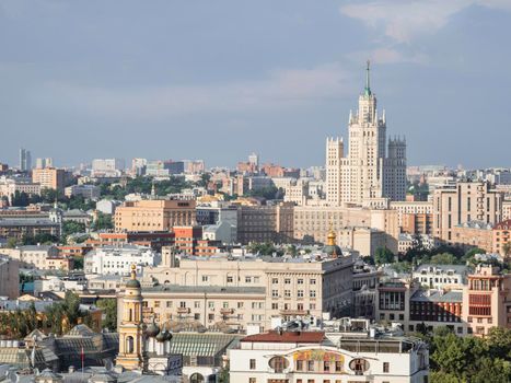 MOSCOW, RUSSIA - June 14, 2021. Panorama view on historic center of Moscow and USSR skyscraper on Kotelnicheskaya embankment.