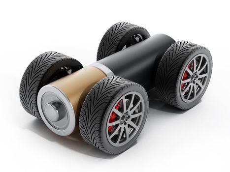 Wheels and tires connected to AA battery. 3D illustration