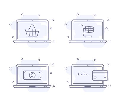 e commerce outline vector illustrations isolated on white. e commerce purple line icons with light pink background and decorations. laptop, shopping cart, card, dollar